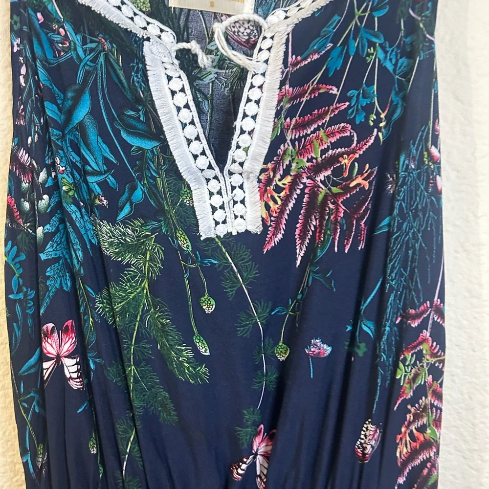 Seven Islands Faux Embroided Sleeveless Floral Navy Maxi Dress tie Front Flowy S